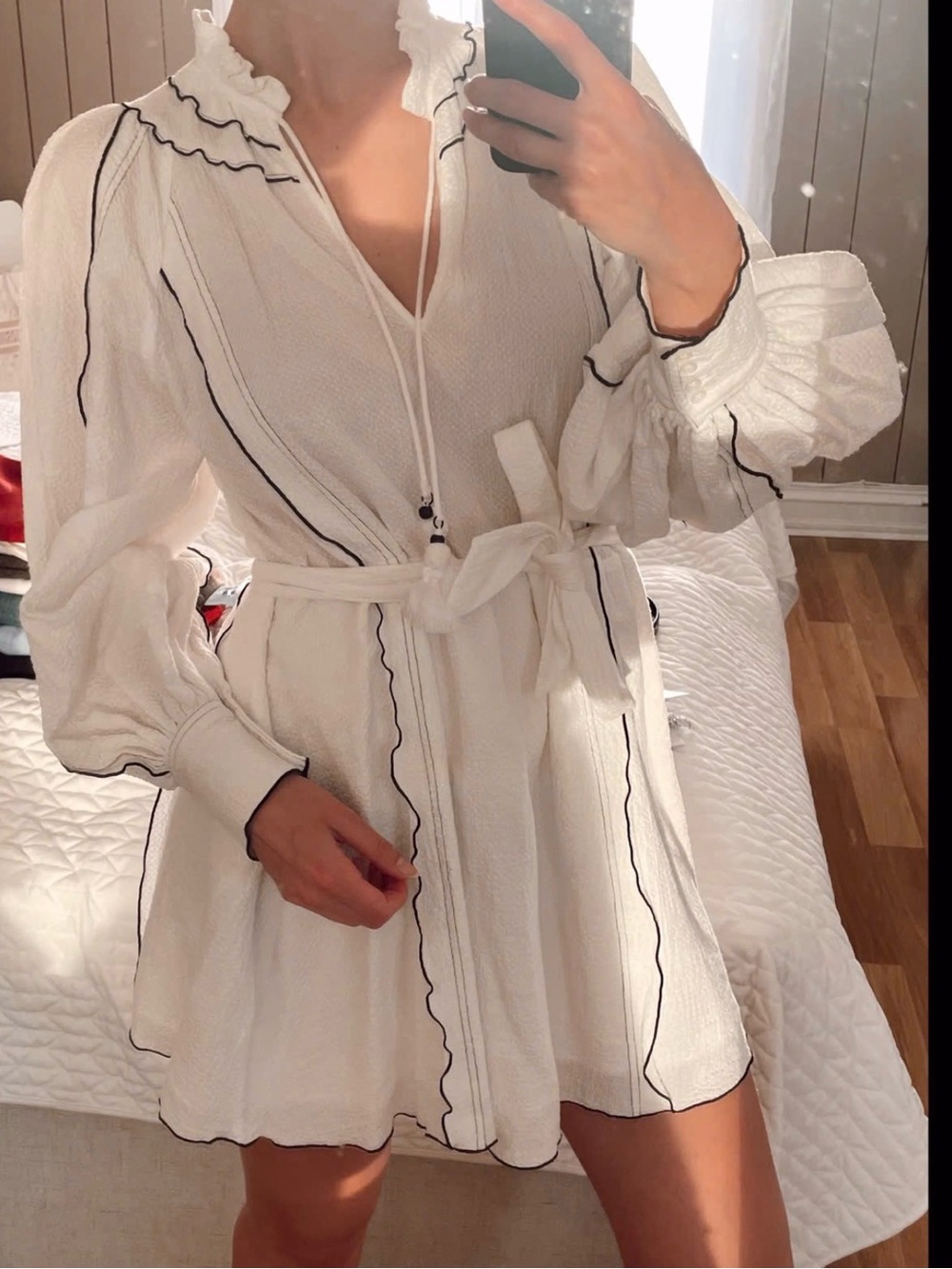 Claudie Pierlot White Ruffled Tie-Waist Mini Dress with Black Trim
